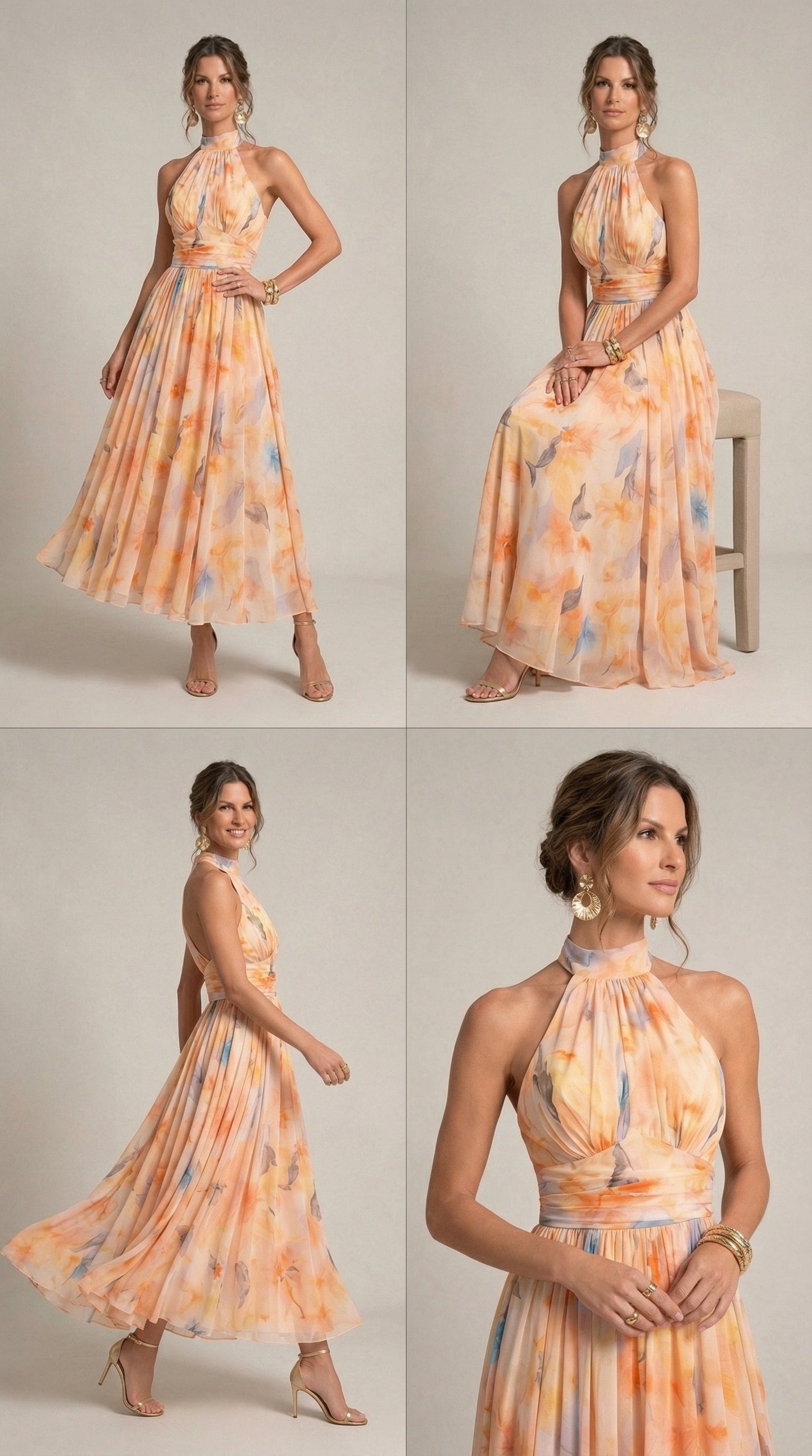 Halter Neck Dress with Watercolor Print