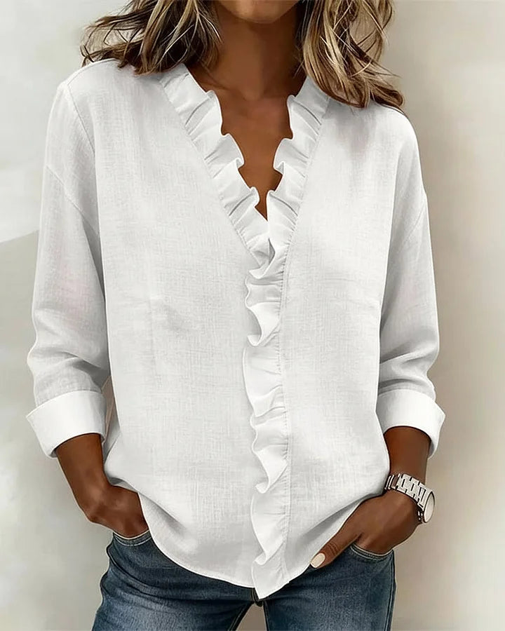 Irene | Elegant blouse with ruffles, V-neck, and long sleeves