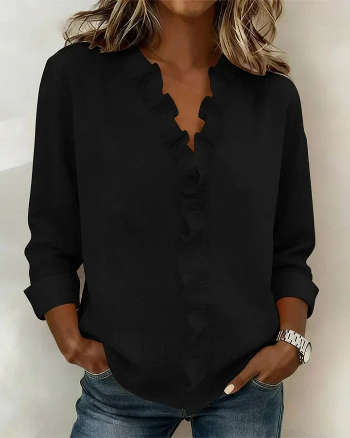 Irene | Elegant blouse with ruffles, V-neck, and long sleeves