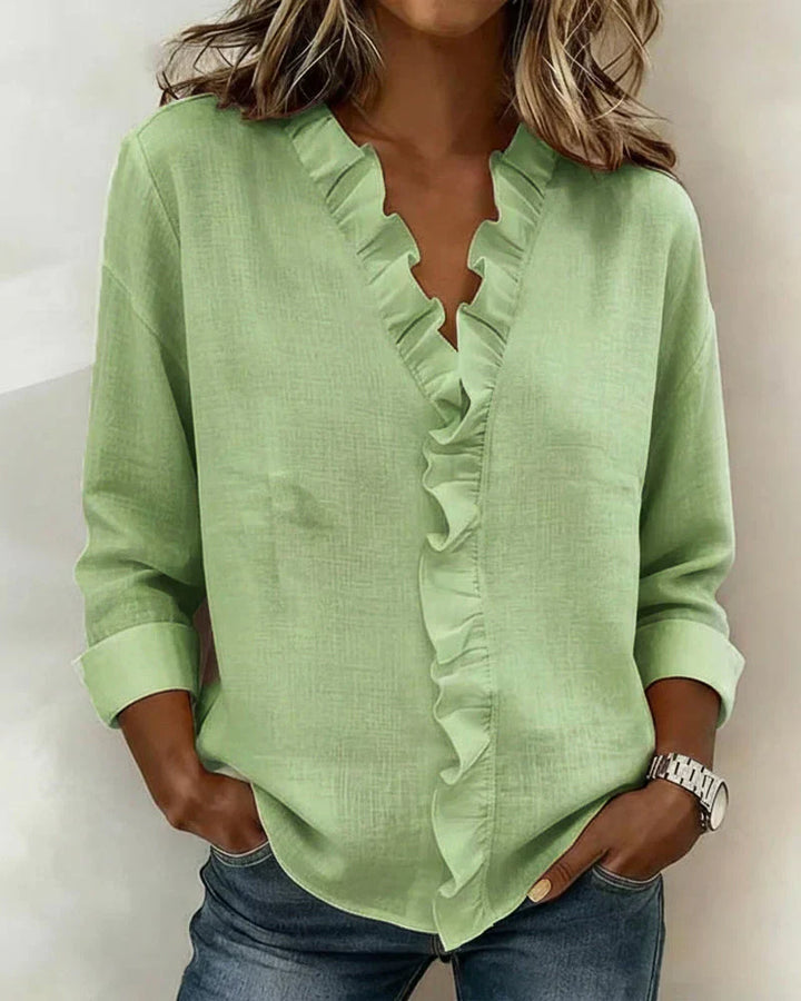 Irene | Elegant blouse with ruffles, V-neck, and long sleeves