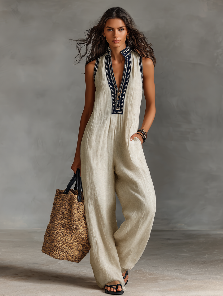 Sofía | Sleeveless linen jumpsuit with embroidery