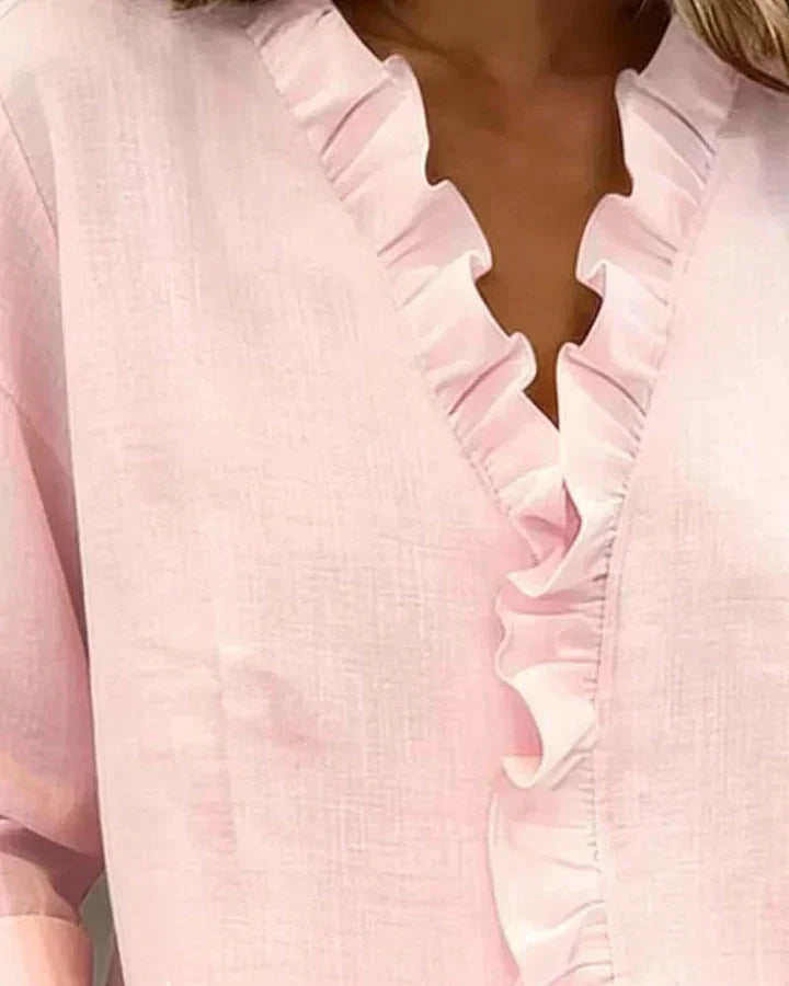 Irene | Elegant blouse with ruffles, V-neck, and long sleeves