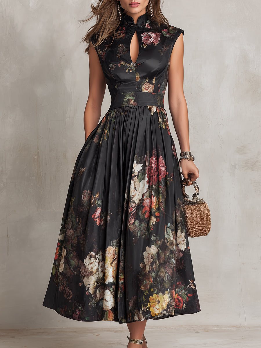 Estefanía | Black satin floral print midi dress