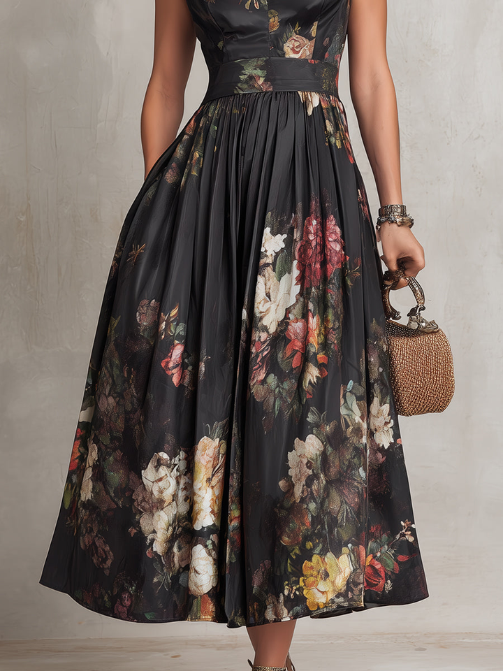 Estefanía | Black satin floral print midi dress