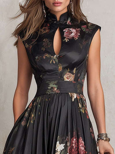 Estefanía | Black satin floral print midi dress