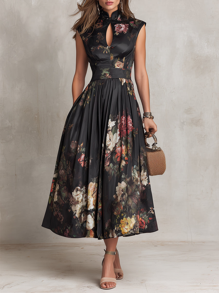 Estefanía | Black satin floral print midi dress