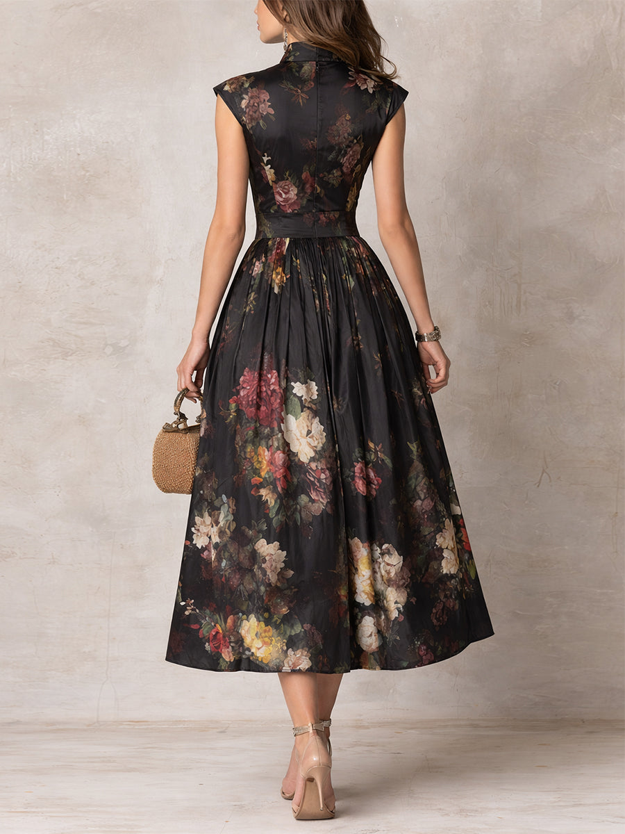 Estefanía | Black satin floral print midi dress