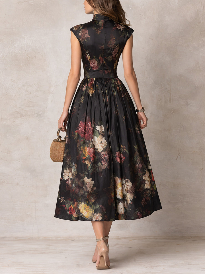 Estefanía | Black satin floral print midi dress