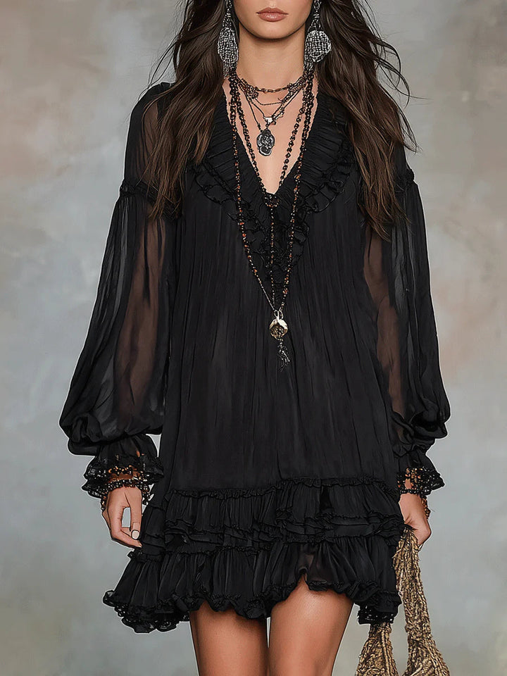 Patricia | Black flowy short dress with V-neckline and wide sleeves