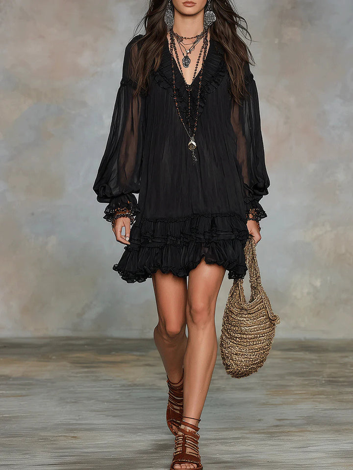 Patricia | Black flowy short dress with V-neckline and wide sleeves