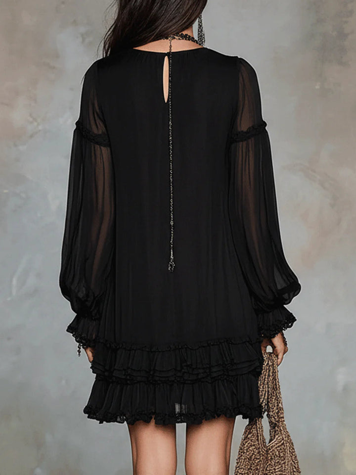 Patricia | Black flowy short dress with V-neckline and wide sleeves