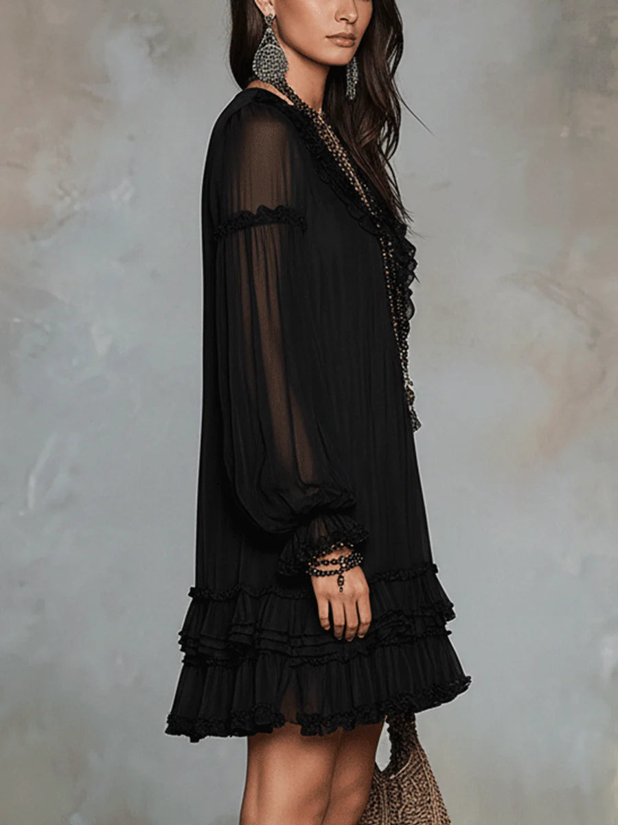 Patricia | Black flowy short dress with V-neckline and wide sleeves