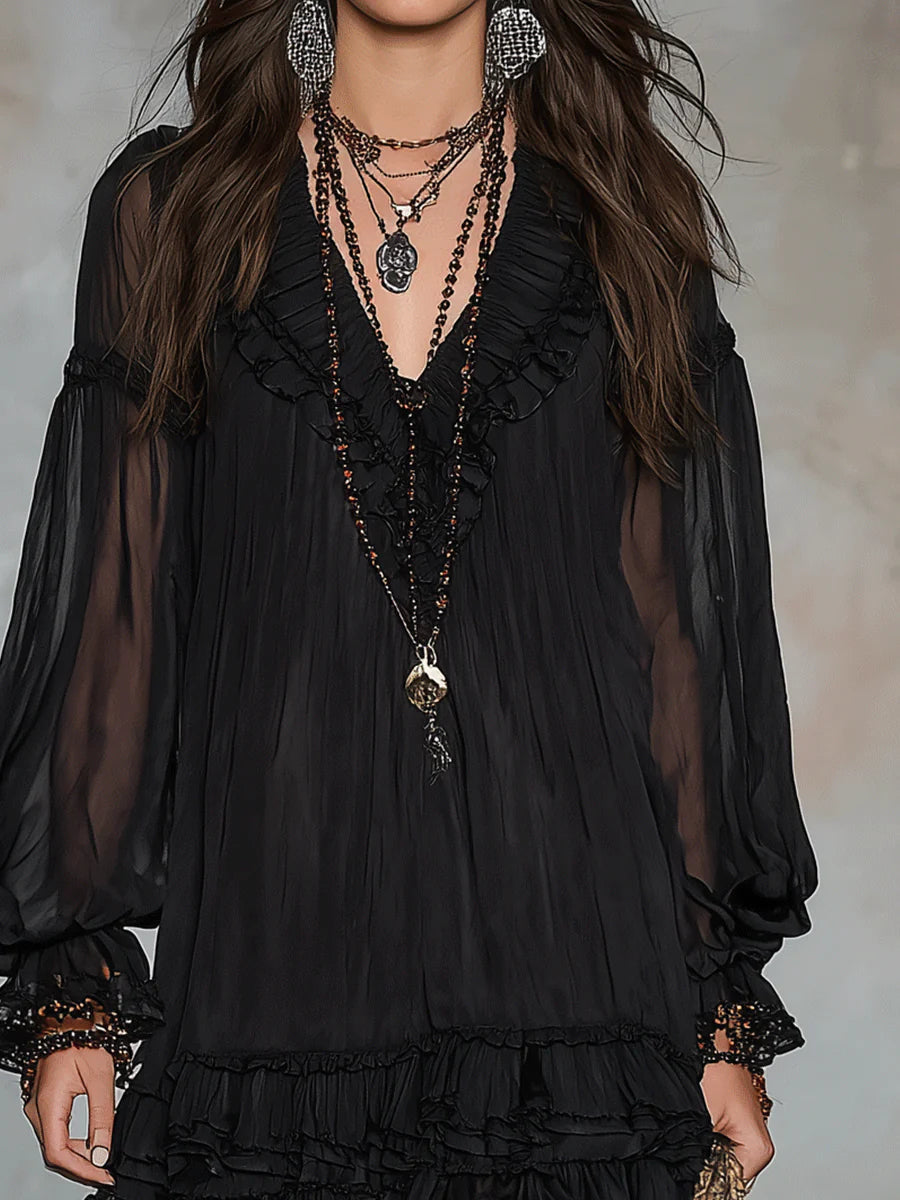 Patricia | Black flowy short dress with V-neckline and wide sleeves