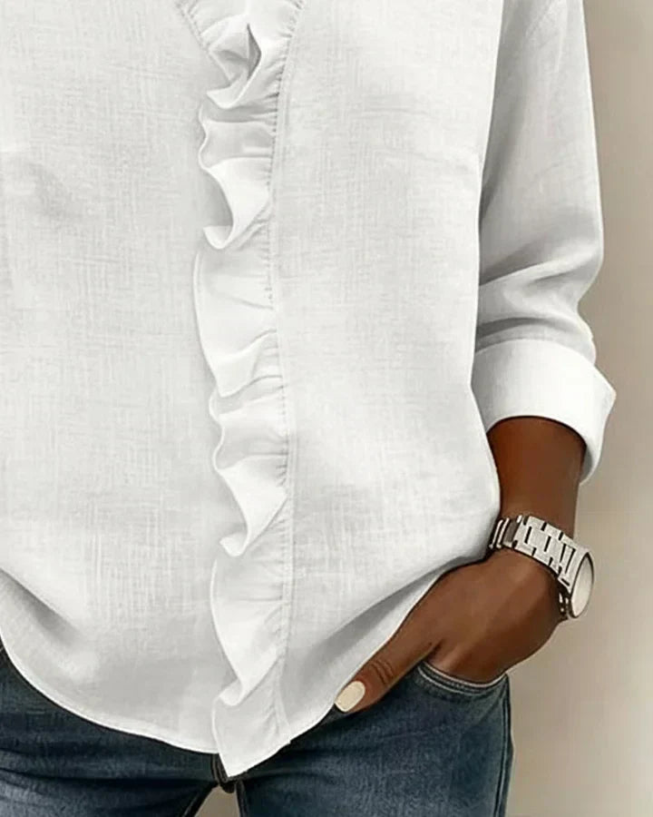 Irene | Elegant blouse with ruffles, V-neck, and long sleeves