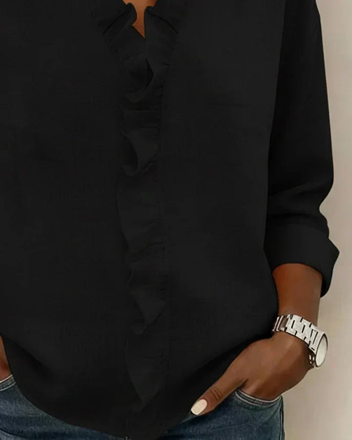 Irene | Elegant blouse with ruffles, V-neck, and long sleeves