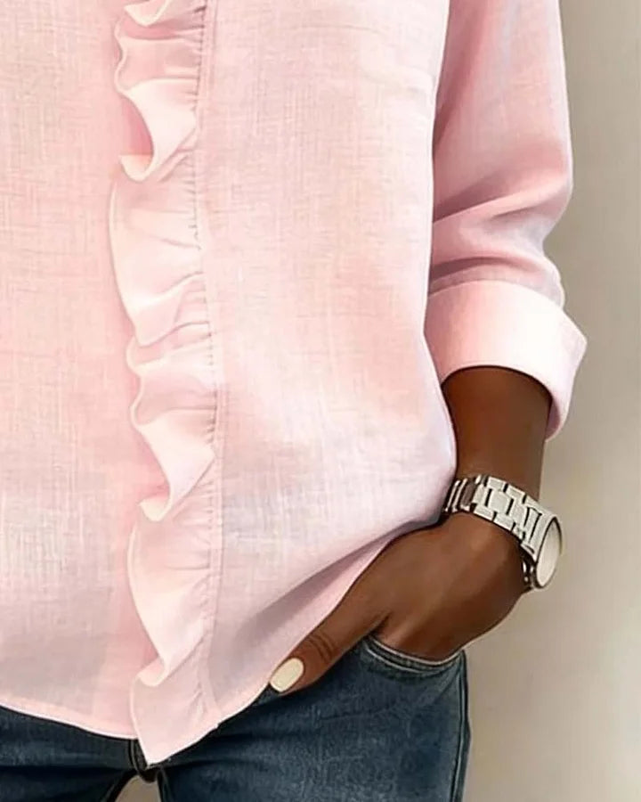 Irene | Elegant blouse with ruffles, V-neck, and long sleeves