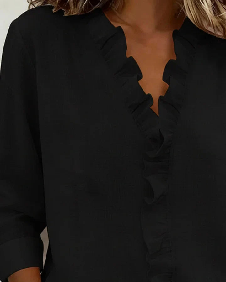 Irene | Elegant blouse with ruffles, V-neck, and long sleeves