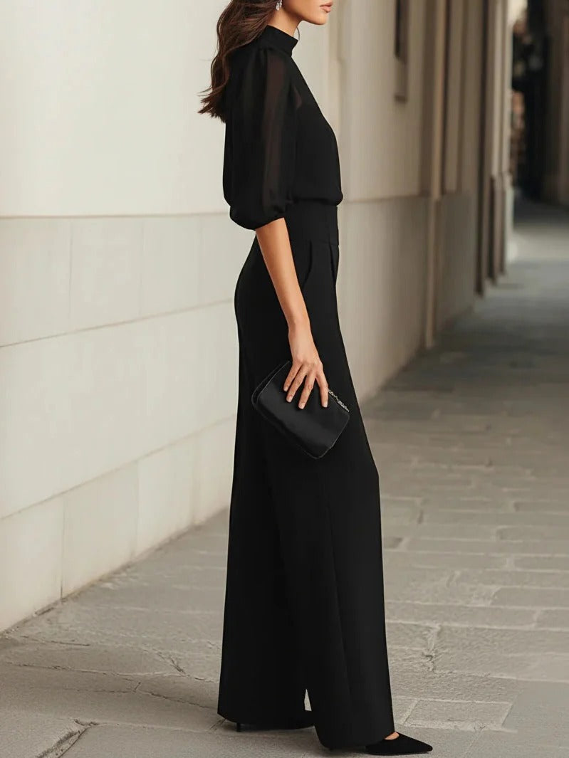 Sara | Black three-piece set with sheer top and wide-leg pants