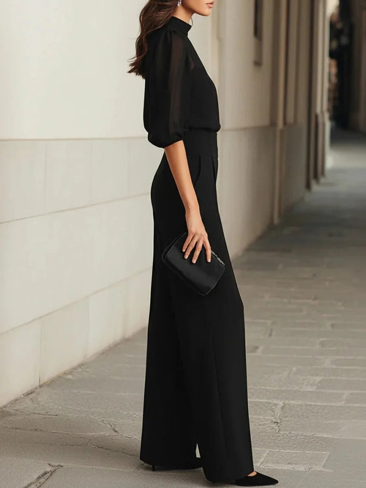 Sara | Black three-piece set with sheer top and wide-leg pants