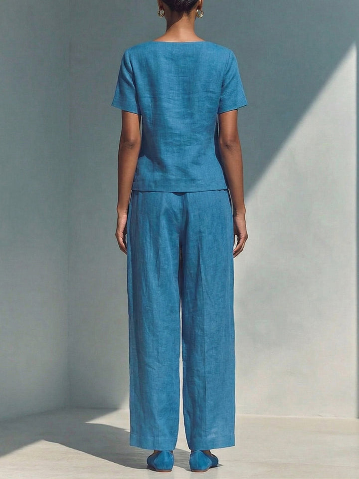 Natalia | Cotton-linen set with short-sleeve top and wide-leg trousers