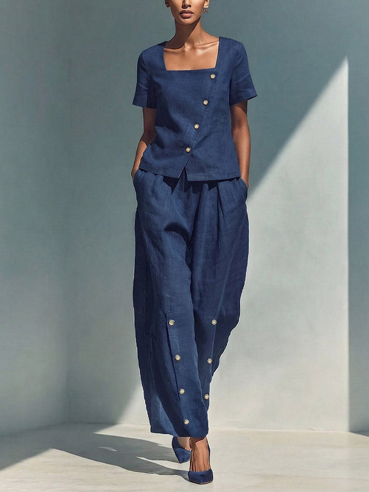 Natalia | Cotton-linen set with short-sleeve top and wide-leg trousers