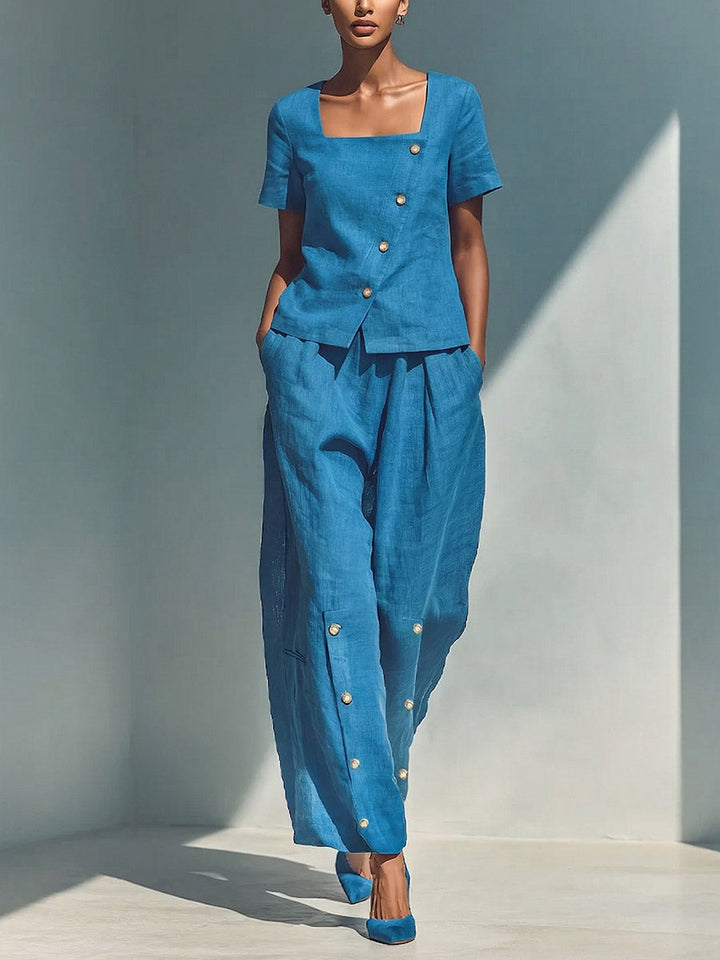 Natalia | Cotton-linen set with short-sleeve top and wide-leg trousers