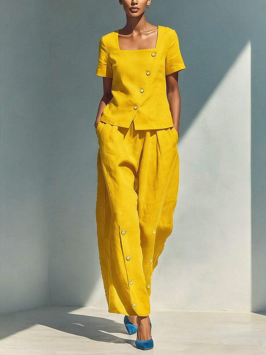 Natalia | Cotton-linen set with short-sleeve top and wide-leg trousers